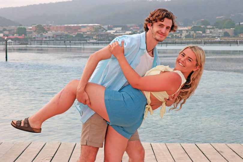 Actors Ben Pettit as 'Sky' and Chelsea Fisher as 'Sophie' embracing in promo for Mamma Mia!