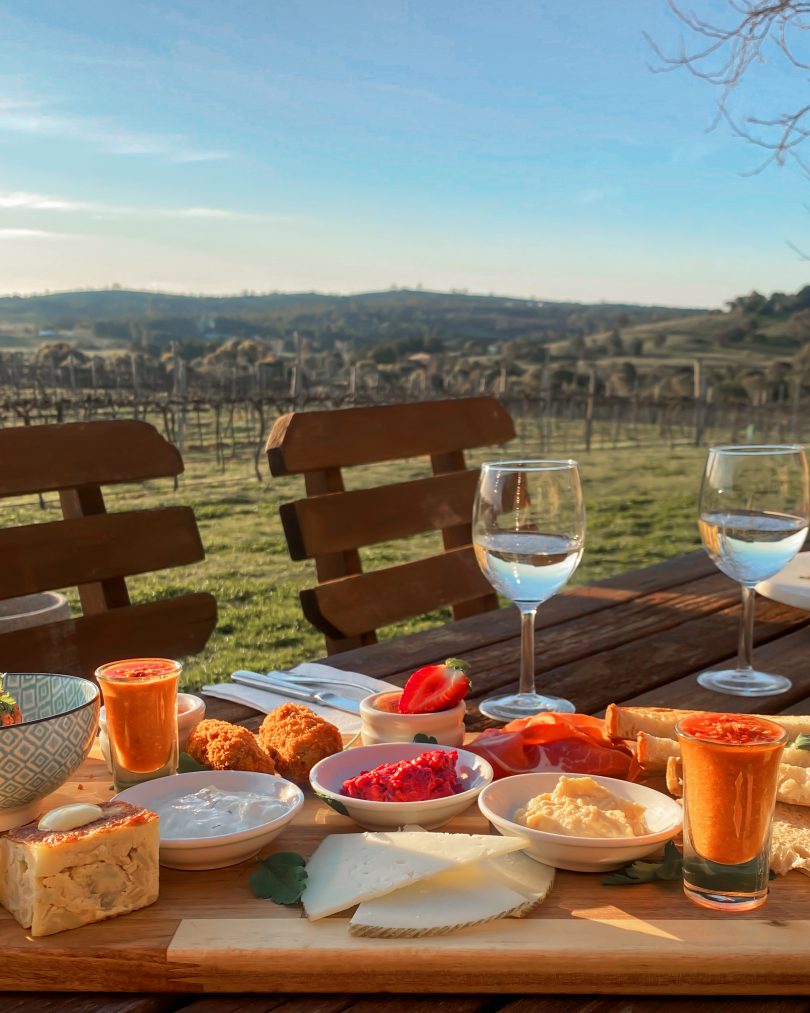 Food and wine on outdoor table in rural setting