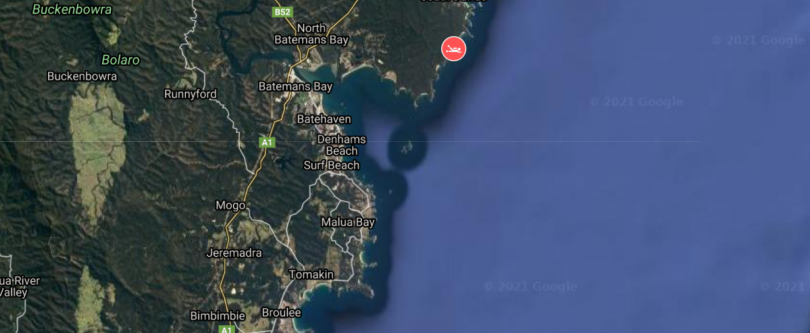A map showing where the snorkeller went missing, Batemans Bay and Malua Bay in the south.
