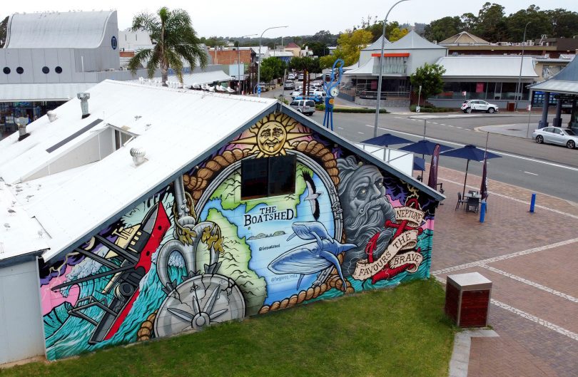 Mural on wall of The Boatshed in Batemans Bay.