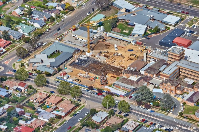 Aerial view of Clinical Services Building under construction at Goulburn Base Hospital.