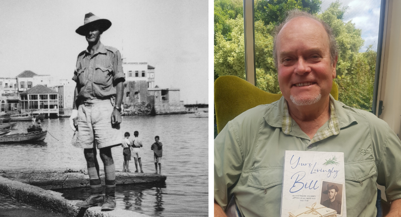 Soldier Bill Corby in WWII, and Greg Bartlett holding copy of his new book.