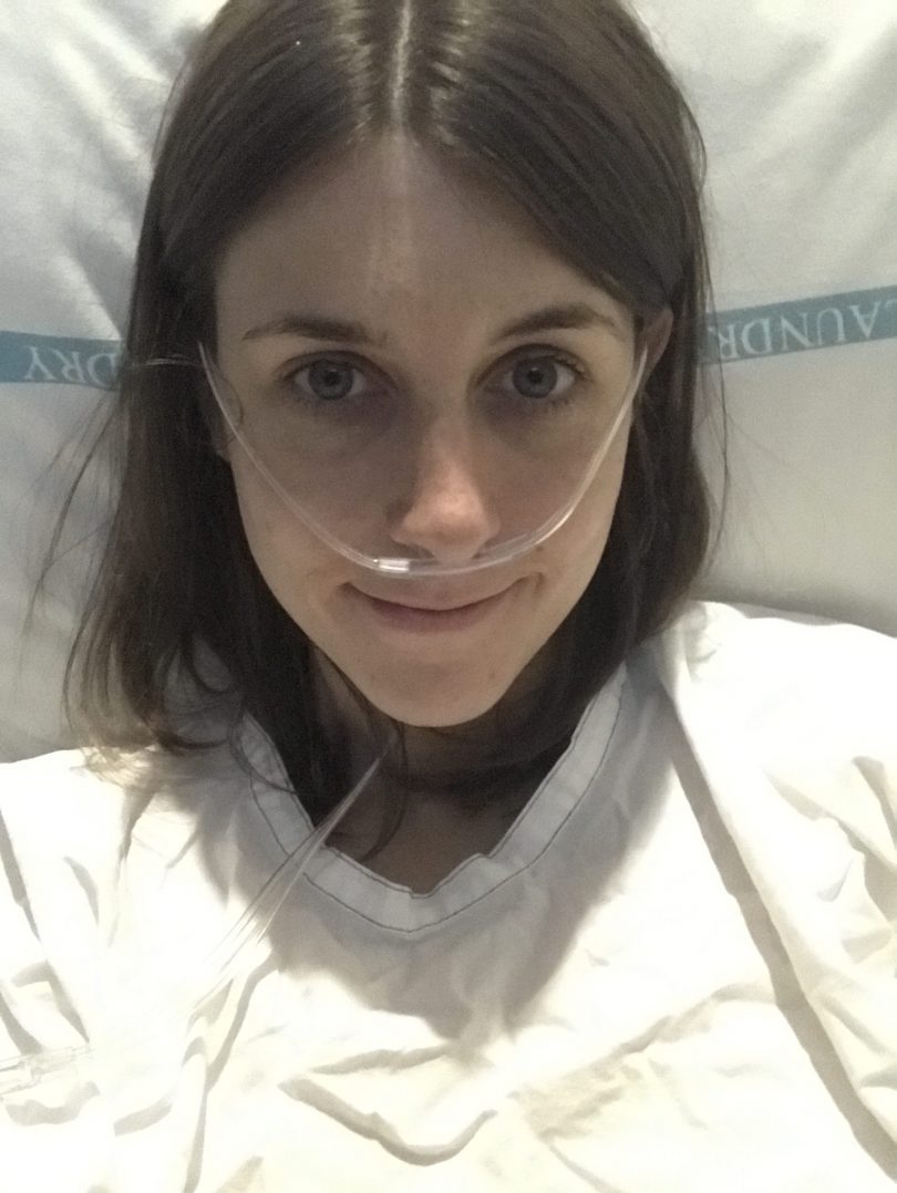 Hannah Sparks post-laparoscopic surgery in February 2020.