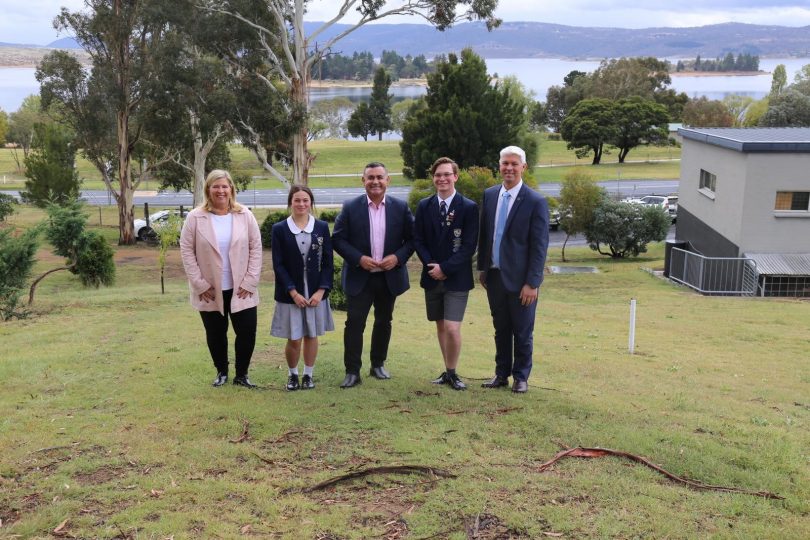 John Barilaro, Bronnie Taylor with Dr Andrew Bell and School Captain Brooke Burns and Twynam House Captain Zac Corcoran. Photo: Supplied.