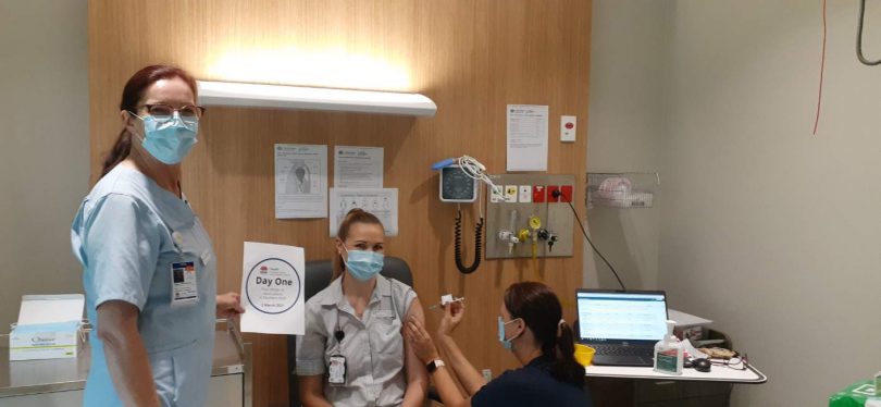 Shannon Aldridge receiving COVID-19 vaccine at South East Regional Hospital in Bega.