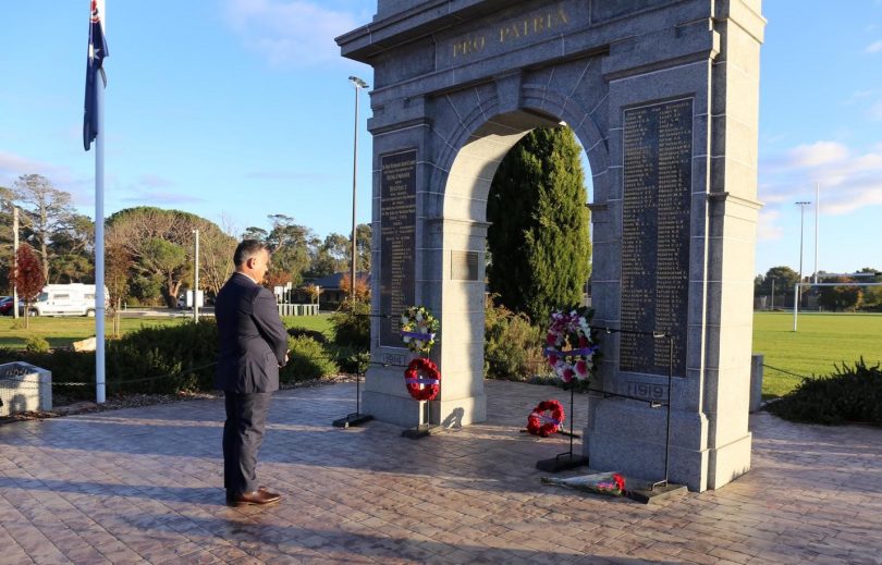 John Barilaro standing at the Bungendore and District War Memorial on Anzac Day