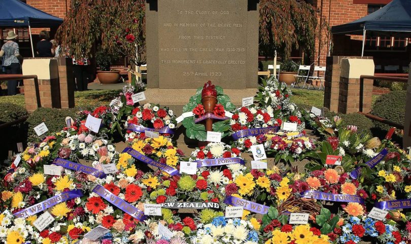 Floral wreaths at Queanbeyan Cenotaph on Anzac Day 2021