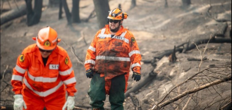 SES workers in burnt bushland