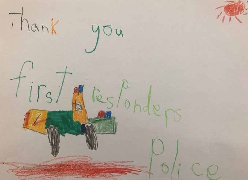 Child's drawing saying thanks to first responders
