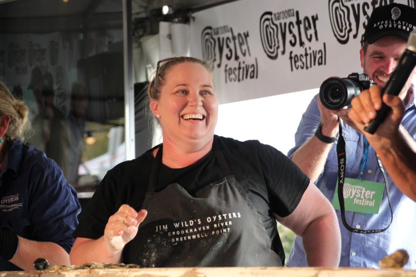 Sally McLean in shucking competition at Narooma Oyster Festival
