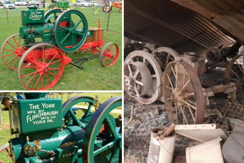 Before and after images of burnt antique machinery 'The York'