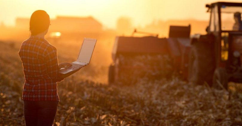 Woman farmer watching rural harvest holding laptop computer