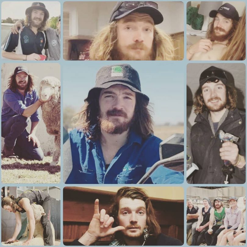 Collage of images of Sam Picker with long hair and beard