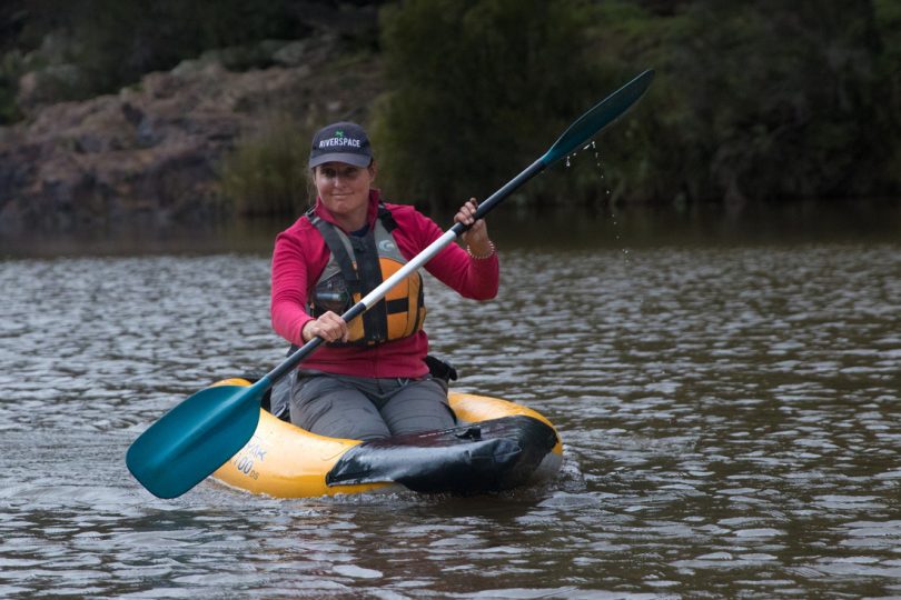 Antia Brademann paddling in kayak on Murrumbidgee River