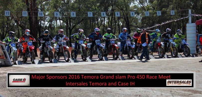 Riders lined up for a motorbike race at Woodlands Speedway in Temora