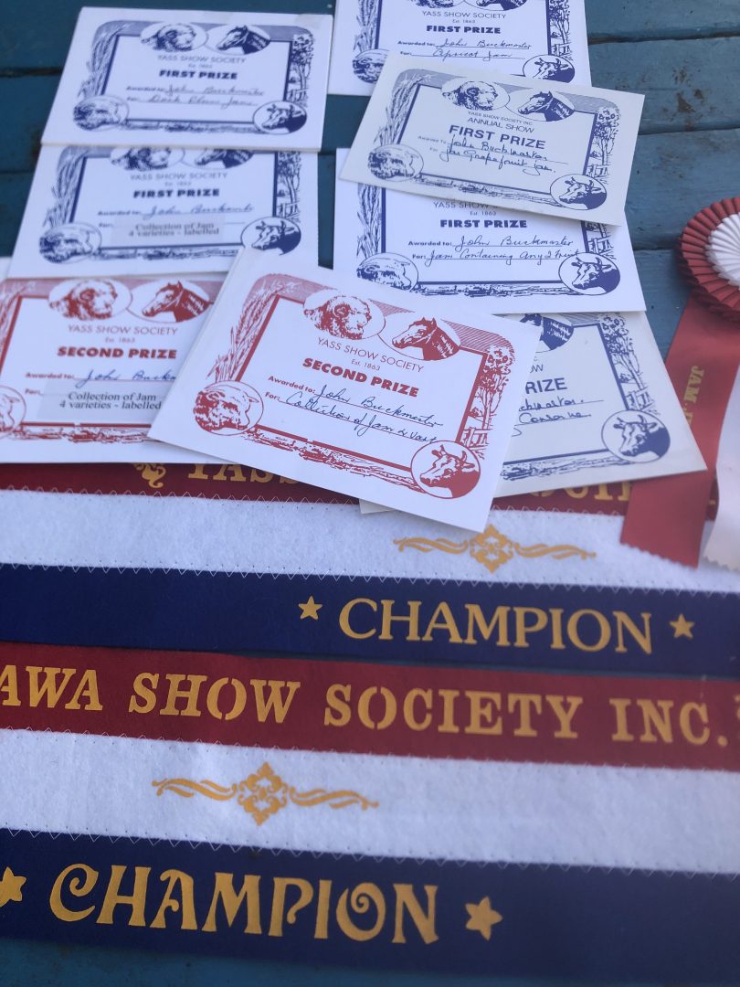 John Buckmaster's certificates and ribbons from Yass Show