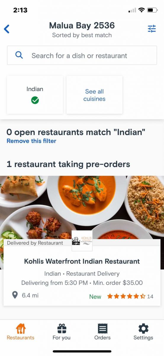 Menulog screenshot for Kohli's Waterfront Indian Restaurant