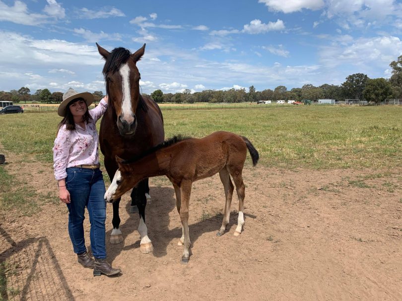 Claudia Macleay with horse and foal on farm
