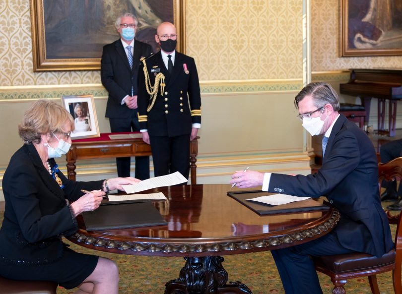 Dominic Perrottet being sworn in as Premier of NSW by NSW Governor Margaret Beazley at Government House