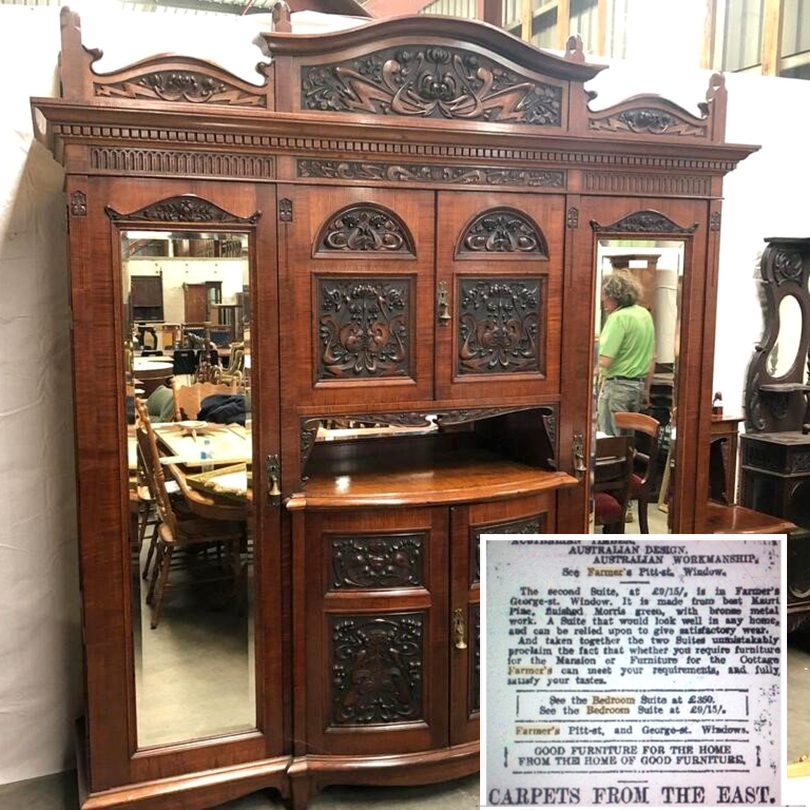 Ornate piece of furniture with (inset) newspaper clipping.
