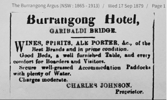Historical ad for Burrangong Hotel