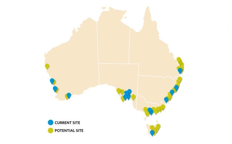 Map of current and potential coastal restoration sites under Reef Builder program
