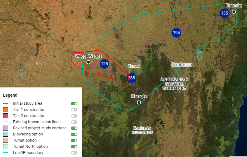 Map of potential routes for TransGrid's Hume Link project