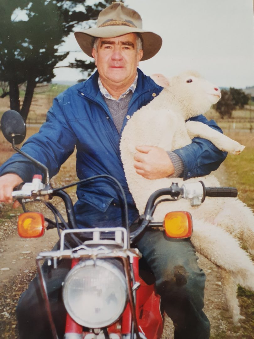 Man with poddy lamb on bike