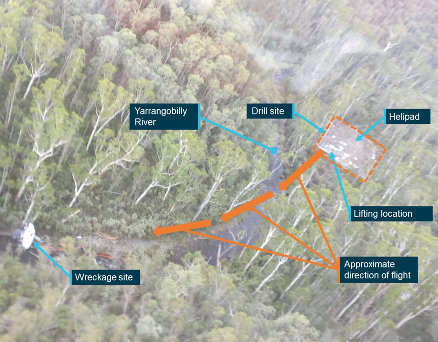 Overlay image of helicopter crash site with notes