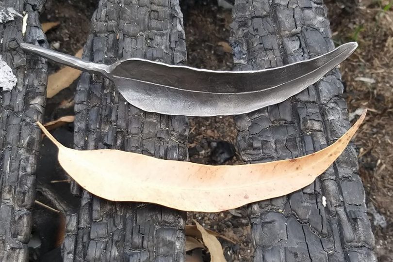 A gum leaf and a steel leaf forged for the Cobargo Community Tree project