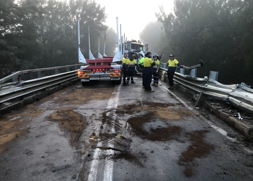 Brogo bridge will be down to one lane only for several weeks due to damage caused by a log truck jack-knifing early Tuesday (26 April) morning. 
