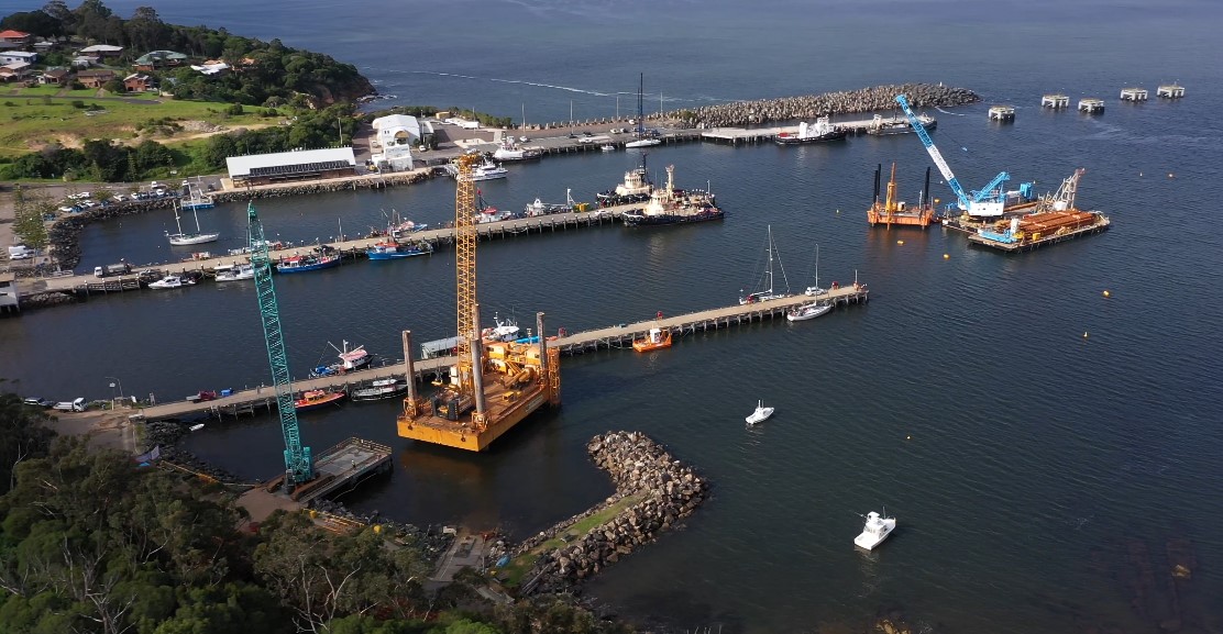 Cranes and barges signal commencement of Eden wave attenuator construction