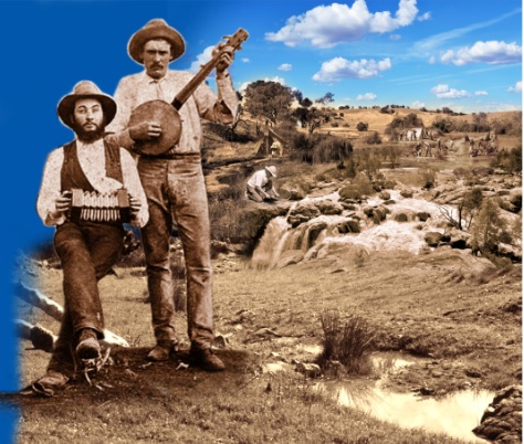 Artists rendering in process depicting musician and Australian bushland