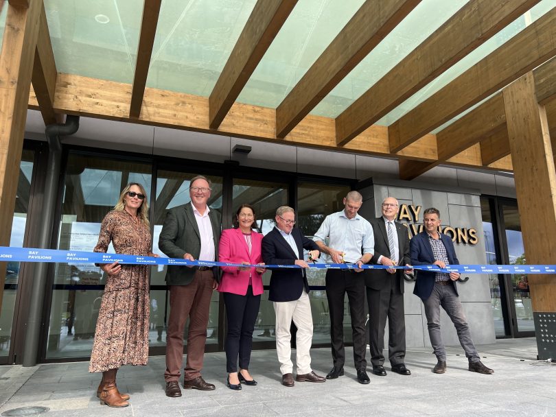 Former Eurobodalla Mayor Liz Innes, Bega MP Dr Michael Holland, Gilmore MP Fiona Phillips, NSW Arts Minister Ben Franklin, Eurobodalla Mayor Mathew Hatcher, Australian Government Senator Jim Molan and former Bega MP Andrew Constance officially open the Bay Pavilions arts and aquatic centre. Photo: Eurobodalla Shire Council