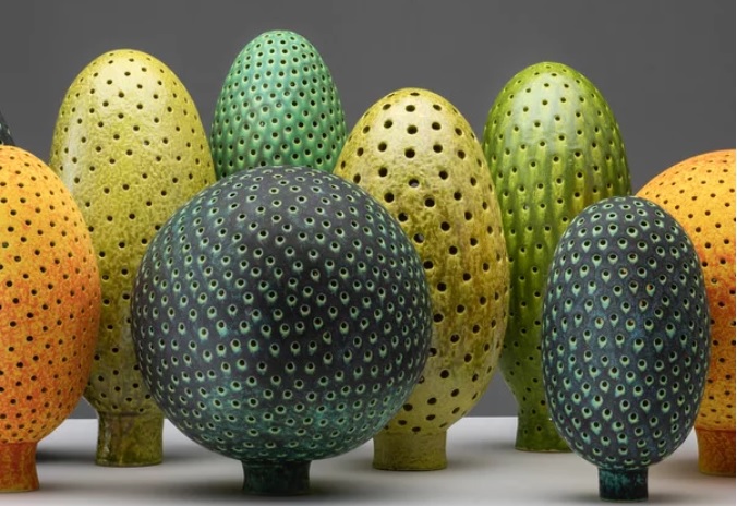 Sculpture of colorful egg-shaped structures