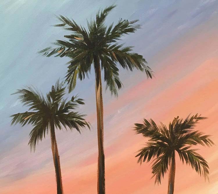 Painting of palm trees against sunset