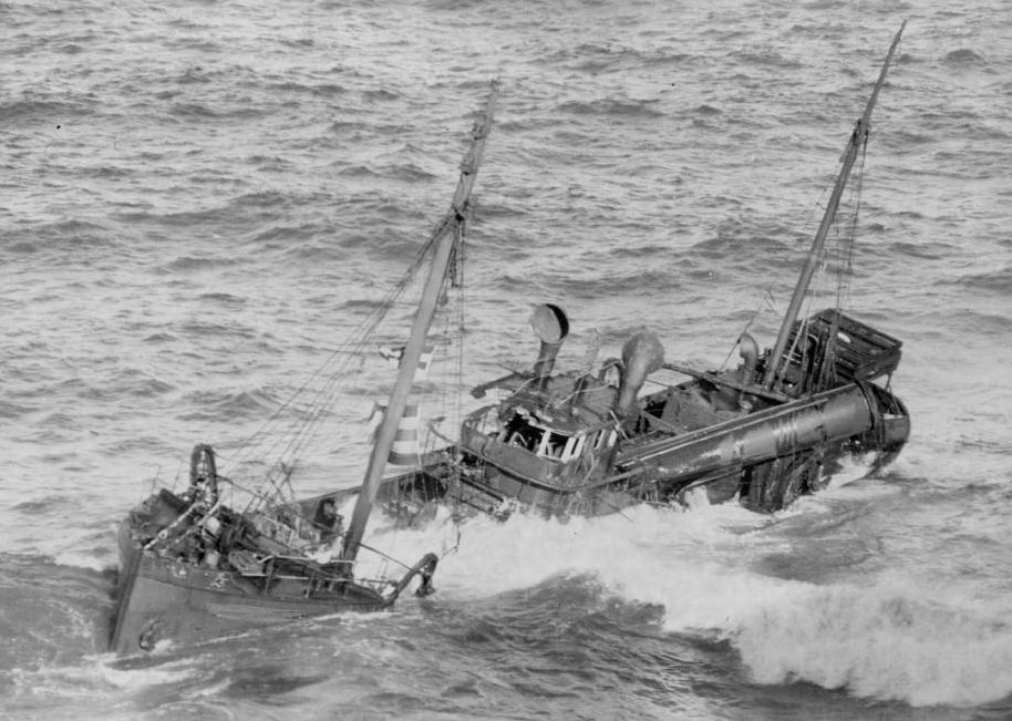 Old black and white photo of the Dureenbee trawler in distress