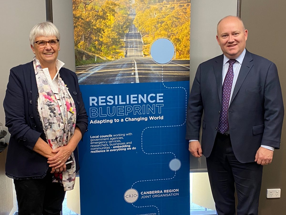 CRJO interim CEO Leanne Barnes and Resilience NSW Commissioner Shane Fitzsimmons stand by a Resilience Blueprint sign