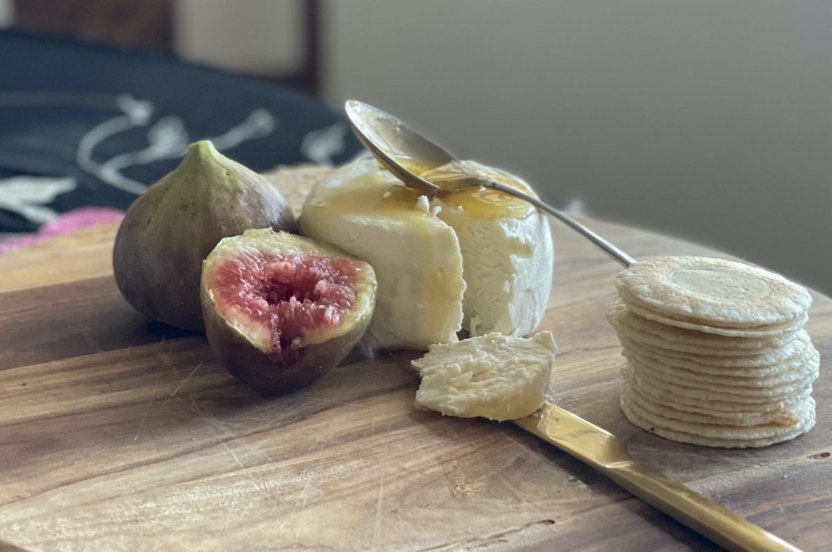 Cream cheese wheel, crackers and cut fig