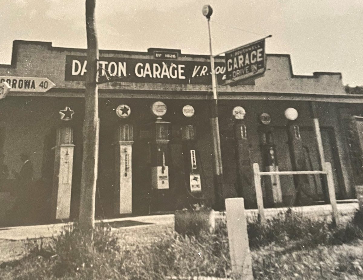 Black and white photo of old garage