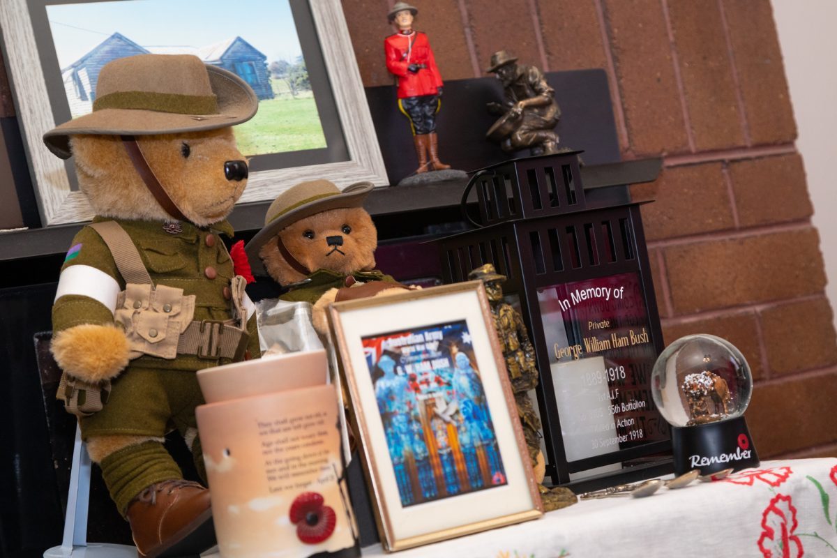 War memorial with teddies bears