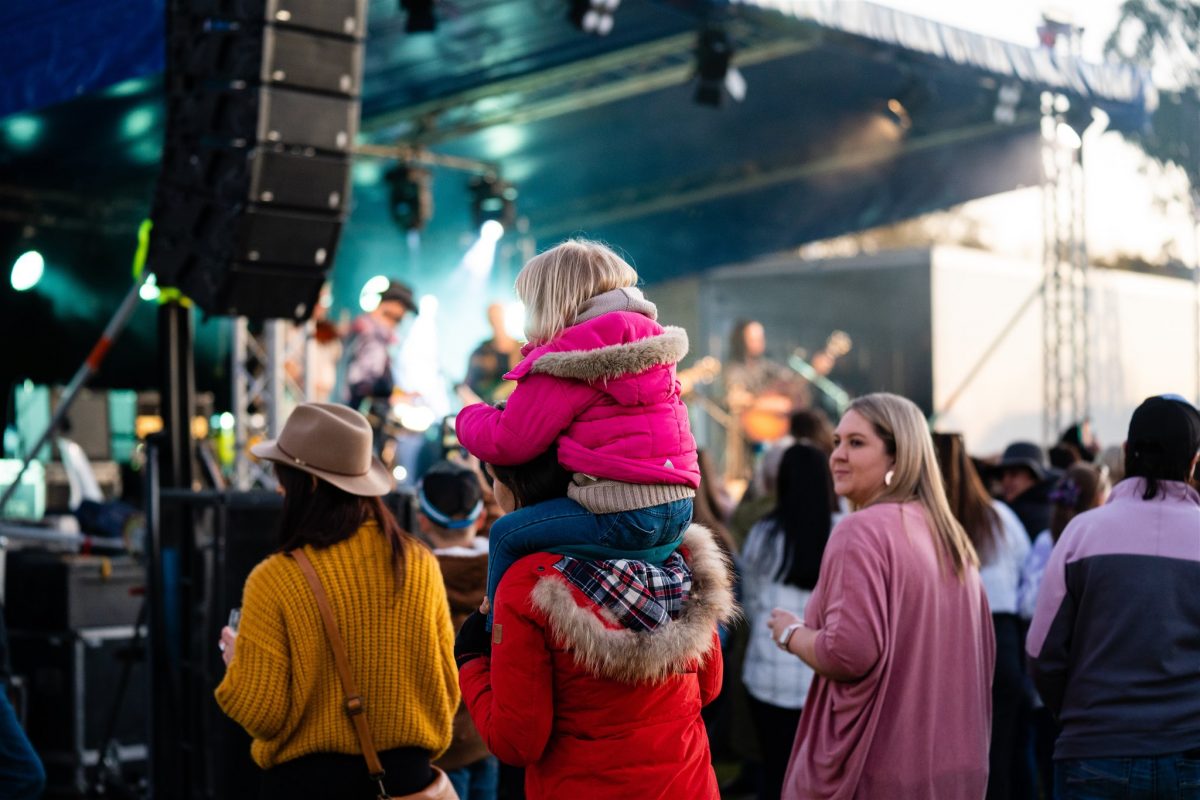 Child on shoulders in a crowd watching performers on a stage