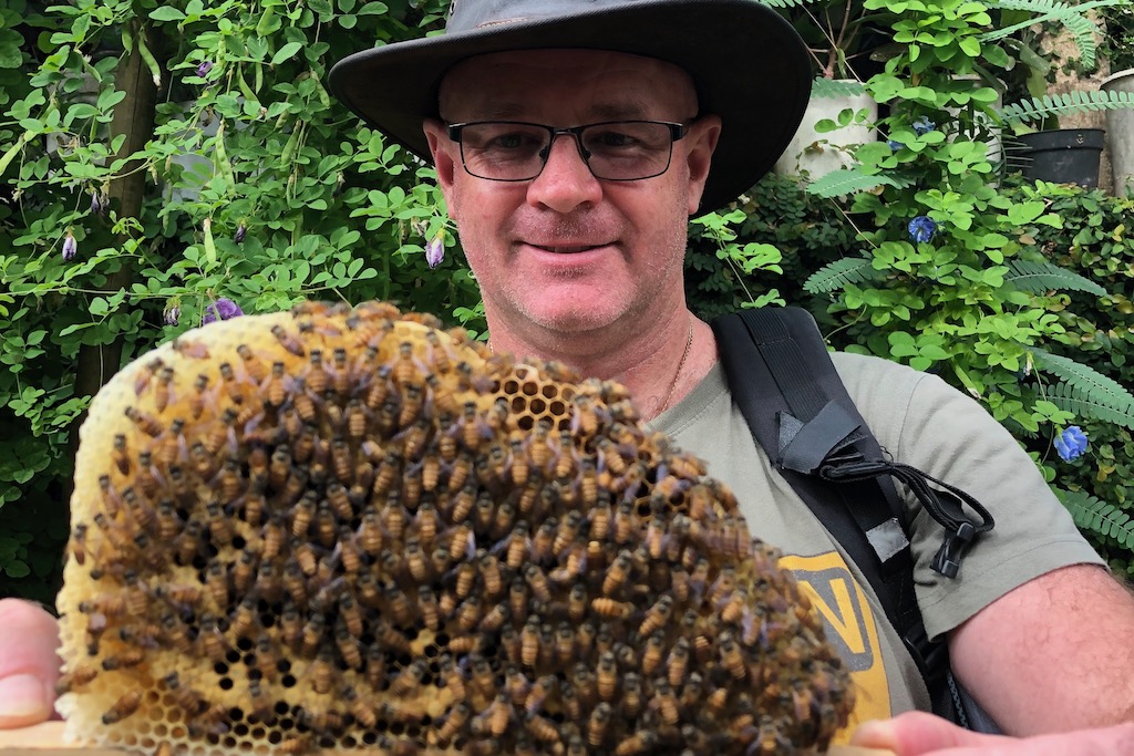 Man holding beehive