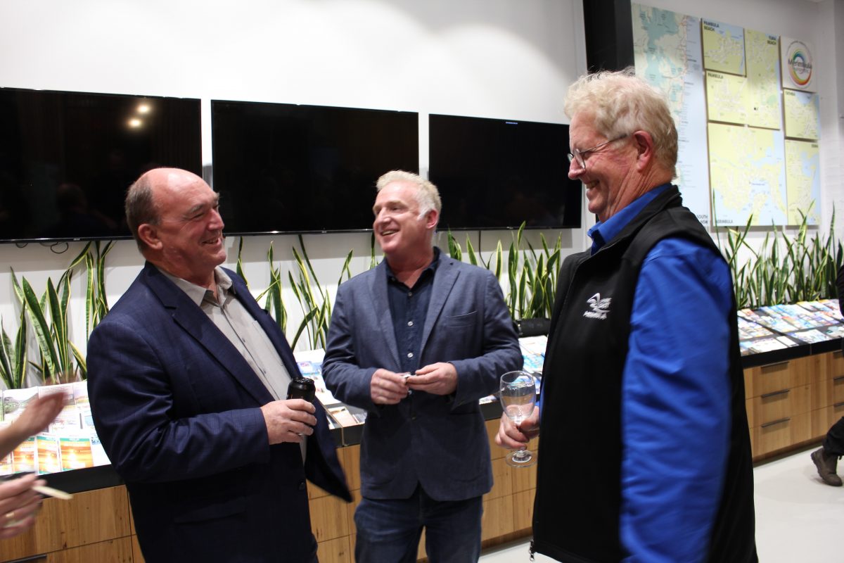 Bega Valley Shire Mayor Russell Fitzpatrick, Anthony Osborne and resident Chris Nicholls in conversation