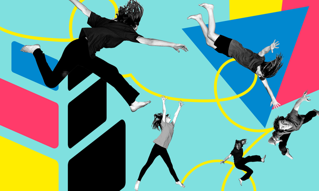 Composite graphic showing kids jumping around a colourful background