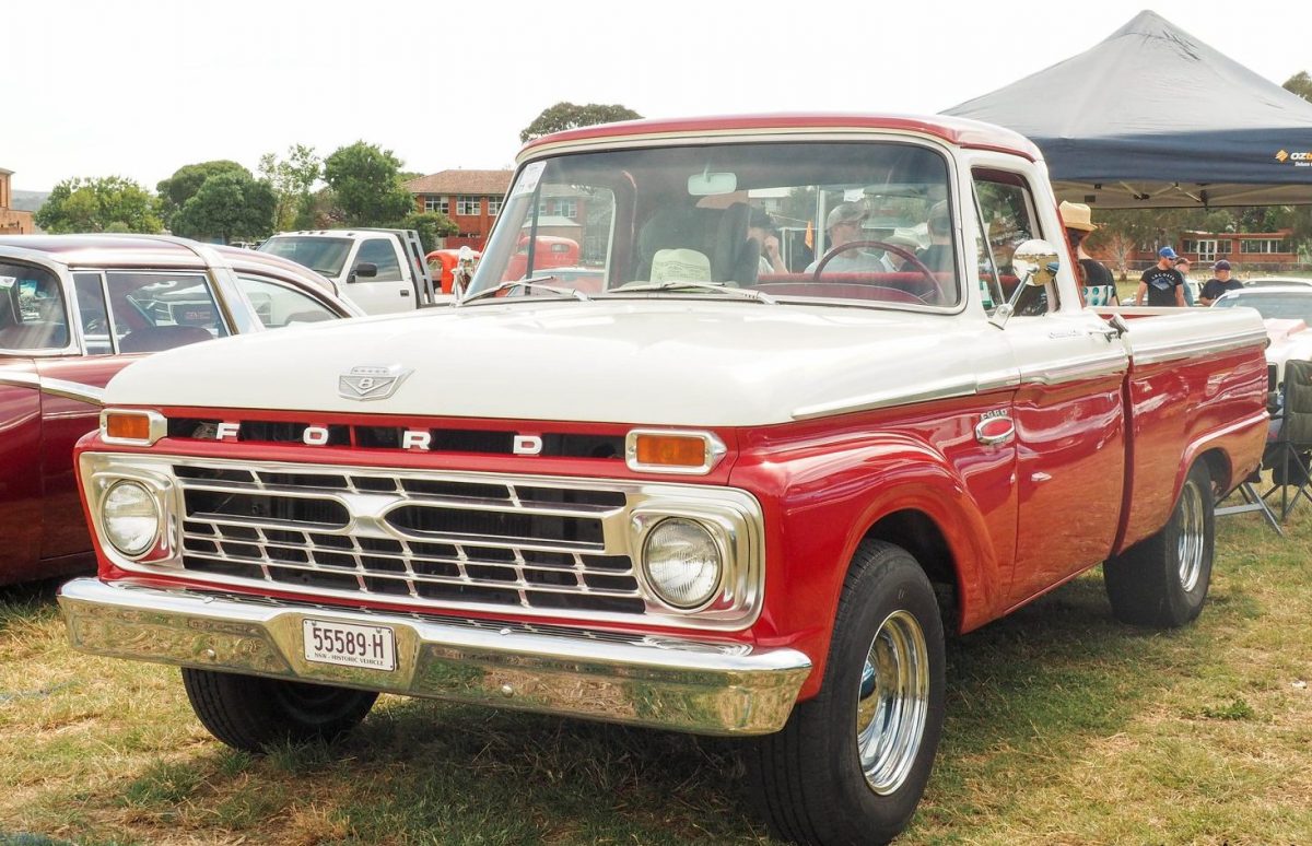 Classic Ford ute parked on grass