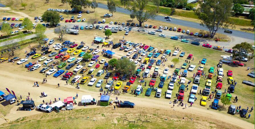 Aerial photo of a car show in Wagga