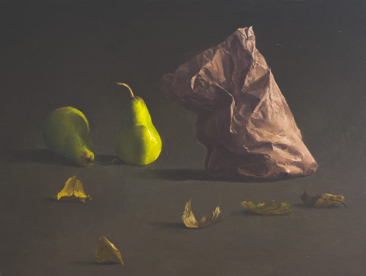 Painting of pears and paper bag