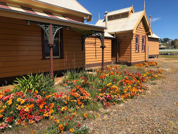 Flower beds at the front of the Yass Railway Museum