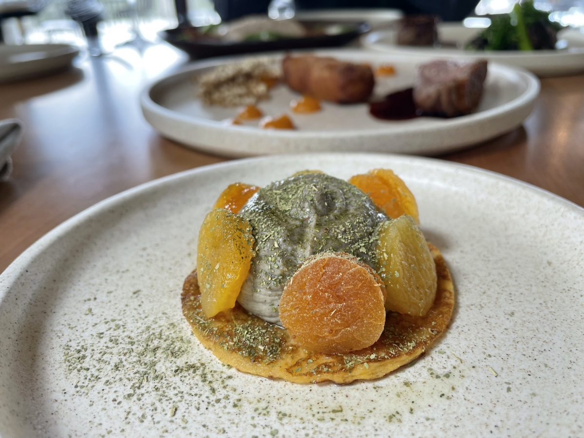 One of the elements of Semmelhack's duck course is this elegant parfait on a sweet potato pancake, with pickled and dried apricots & anise-myrtle leaf. Photo: Lisa Herbert